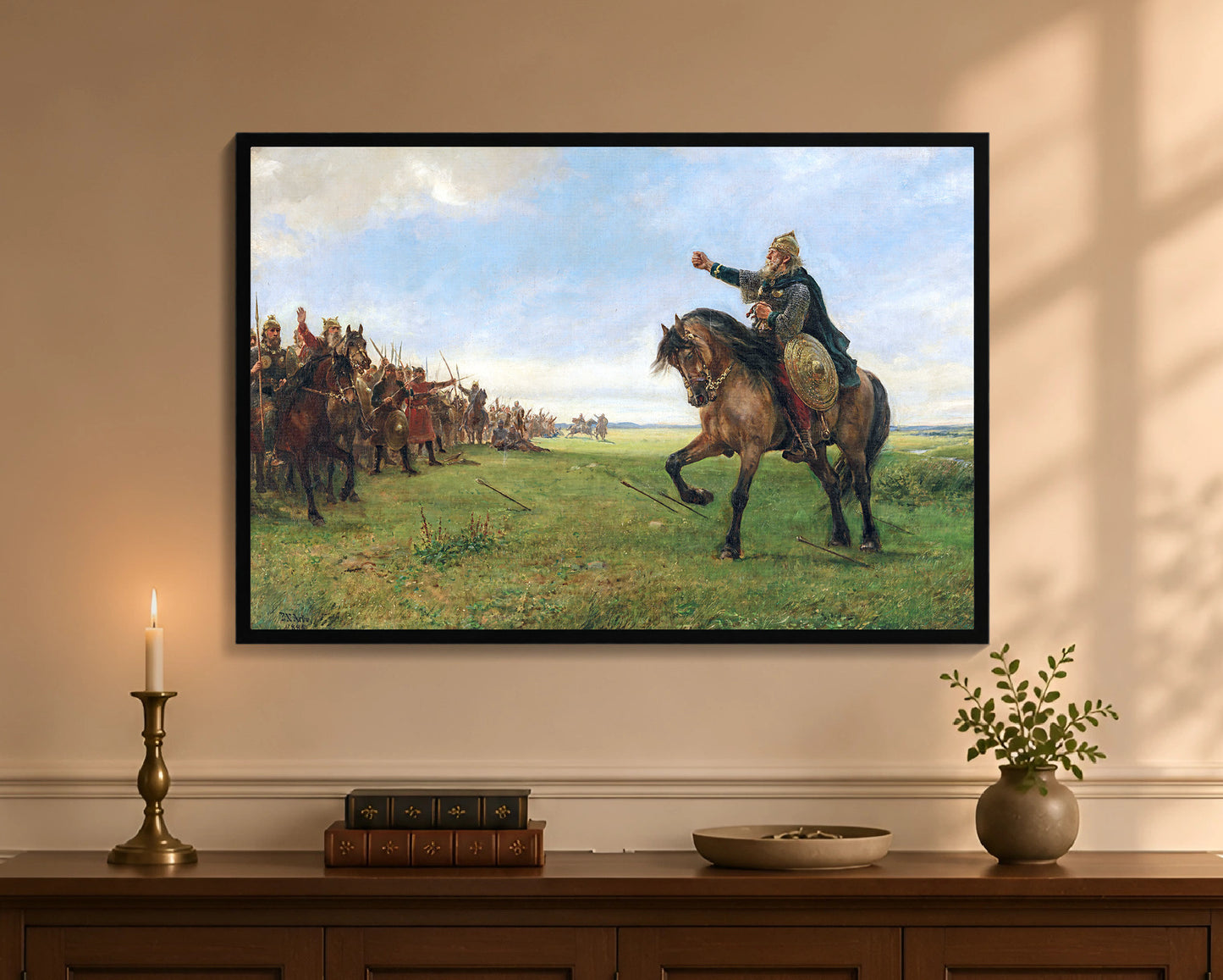 Gizur challenges the Huns, framed canvas with black frame, 24 by 36 inches
