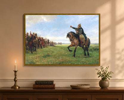 Gizur challenges the Huns, framed canvas with antique gold frame, 24 by 36 inches