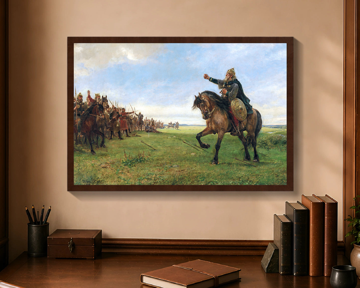 Gizur challenges the Huns, framed print with brown frame, 16 by 24 inches