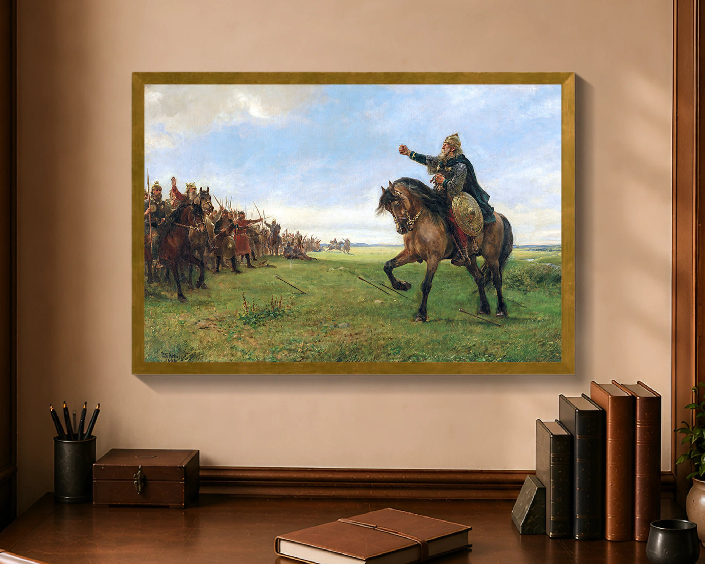 Gizur challenges the Huns, framed print with antique gold frame, 16 by 24 inches