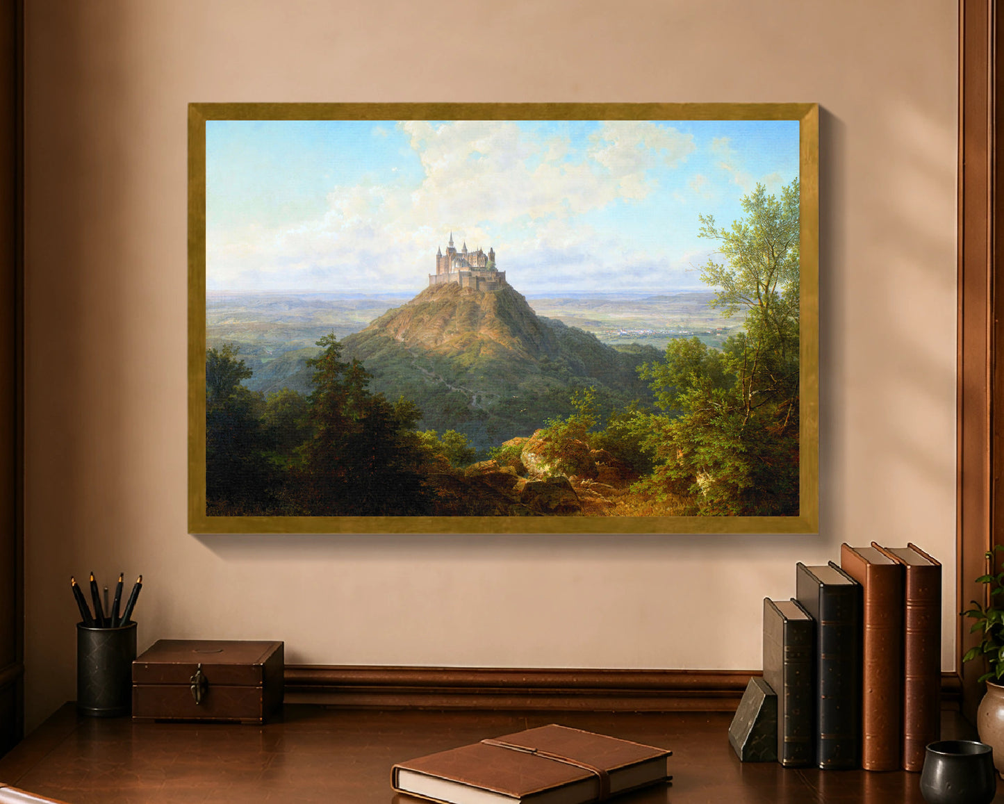 Hohenzollern Castle, framed canvas with antique gold frame, 16 by 24 inches