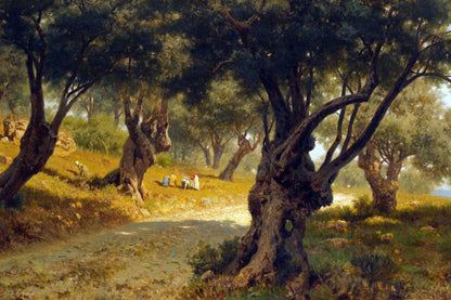 Landscape painting of a forest with trees and a path