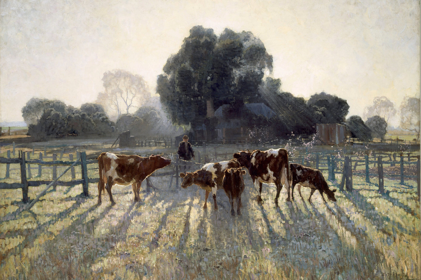 Painting of cows grazing in a field with a fence and trees in the background