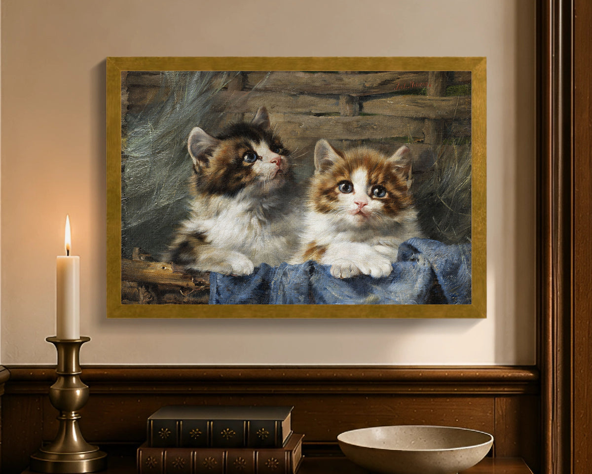 two kittens in a basket fc 12x18 gold