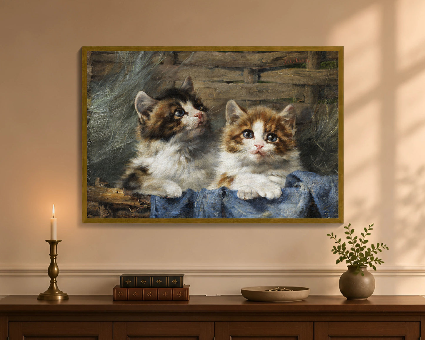 two kittens in a basket fc 24x36 gold