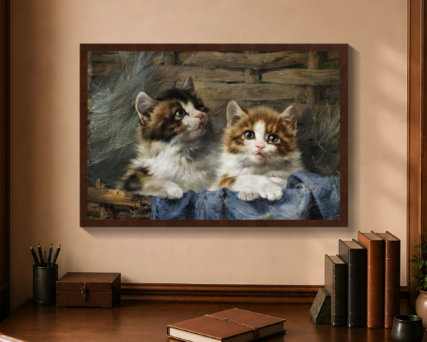 two kittens in a basket fp 16x24 brown