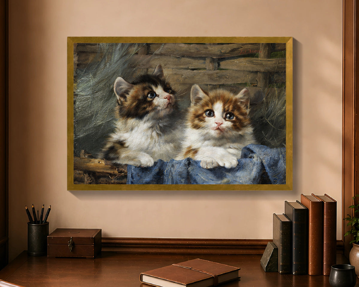 two kittens in a basket fp 16x24 gold